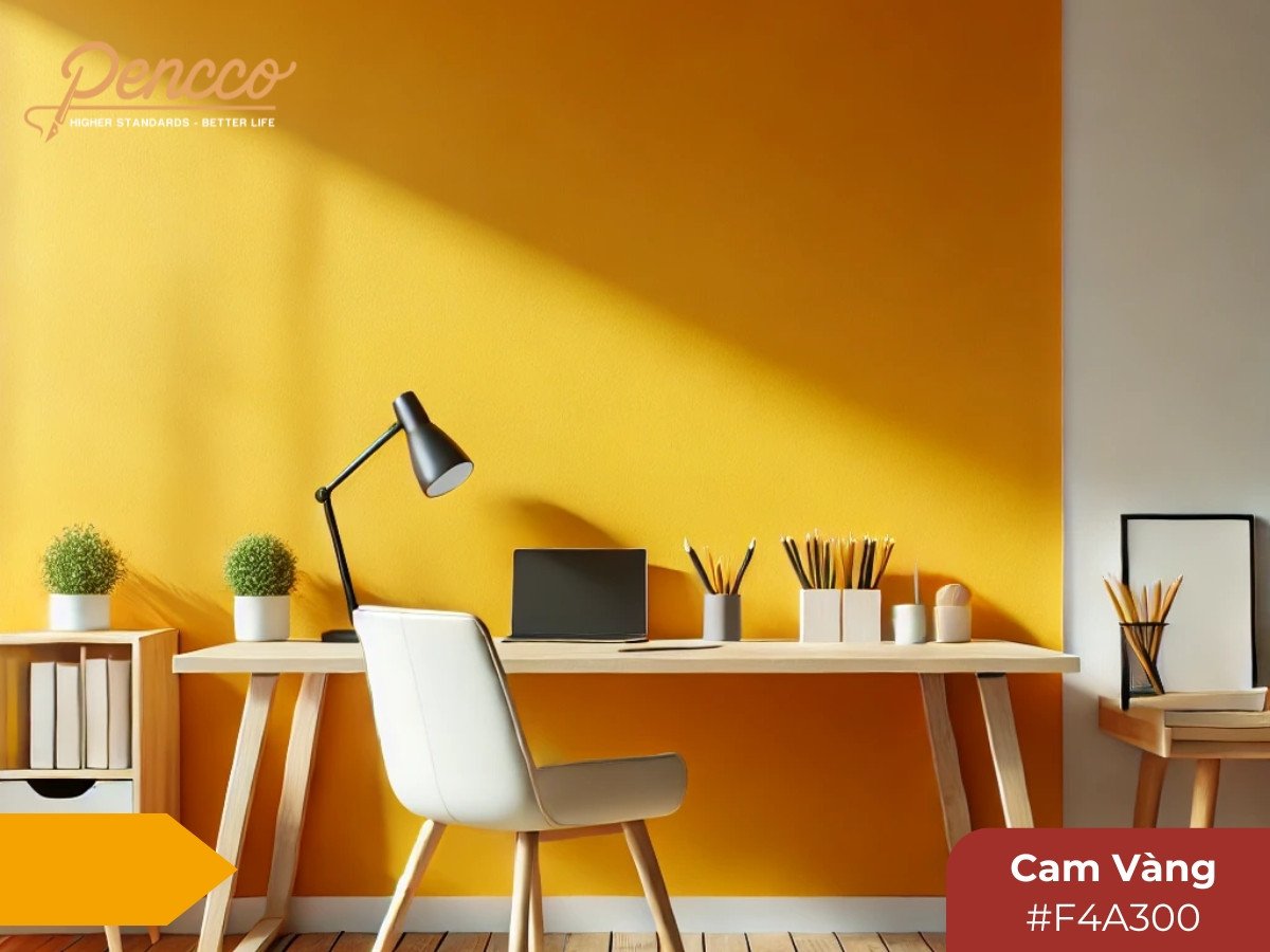 Góc làm việc tràn đầy năng lượng với tường màu cam vàng, kích thích sự sáng tạo và tập trung, rất phù hợp cho người mệnh Hỏa.