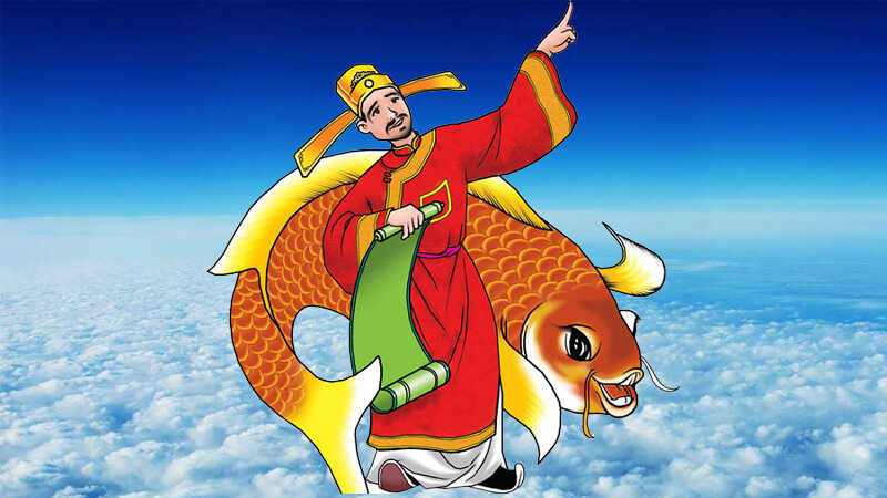 Hình ảnh minh họa Ông Công Ông Táo cưỡi cá chép về trời, tượng trưng cho phong tục tiễn Táo Quân