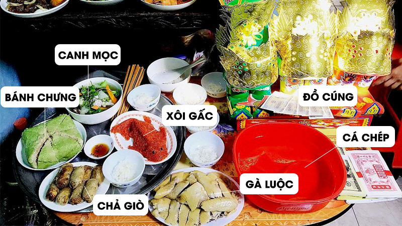 Mâm cỗ cúng Ông Táo đầy đặn với các món ăn truyền thống, thể hiện lòng thành kính