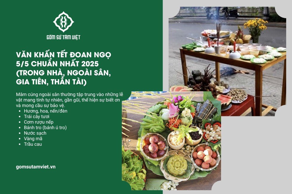 mâm cúng 5/5 đặt ngoài sân với các vật phẩm chay và mặn