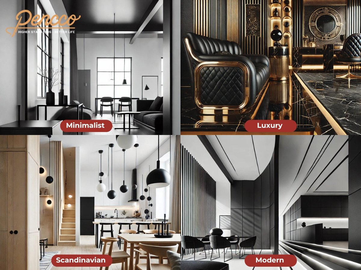 Màu đen trong các phong cách thiết kế nội thất khác nhau, từ Minimalist đến Luxury.