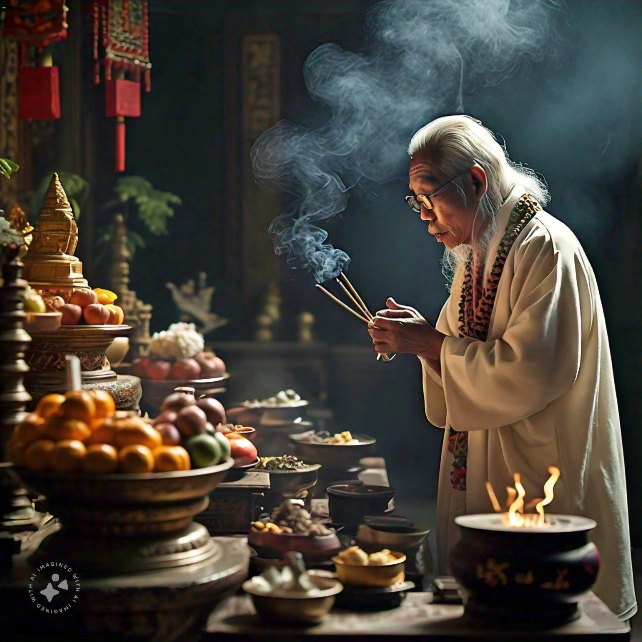 Người phụ nữ thành tâm thực hiện nghi lễ văn khấn mùng 1 tháng 12 âm lịch tại bàn thờ gia tiên.