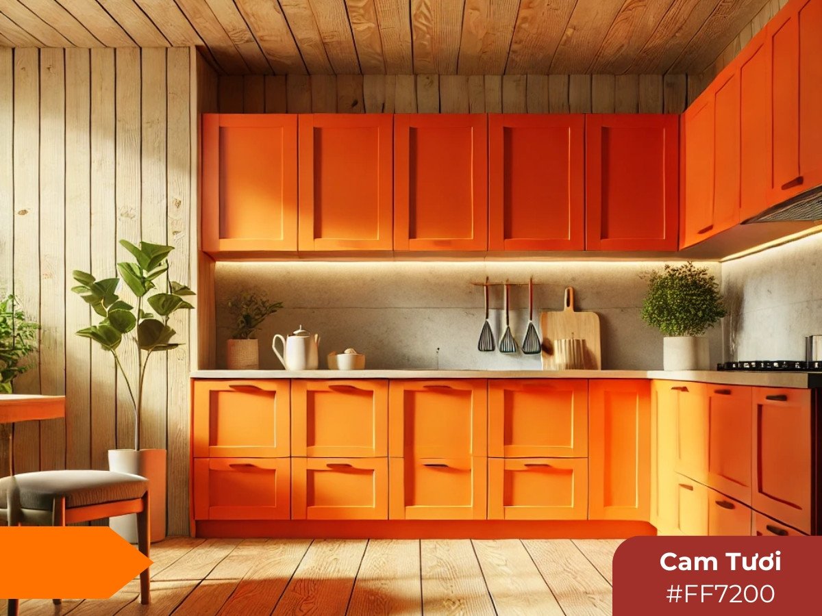 Nhà bếp hiện đại với tủ bếp màu cam tươi tắn, tạo không gian ẩm thực vui vẻ và tràn đầy năng lượng.