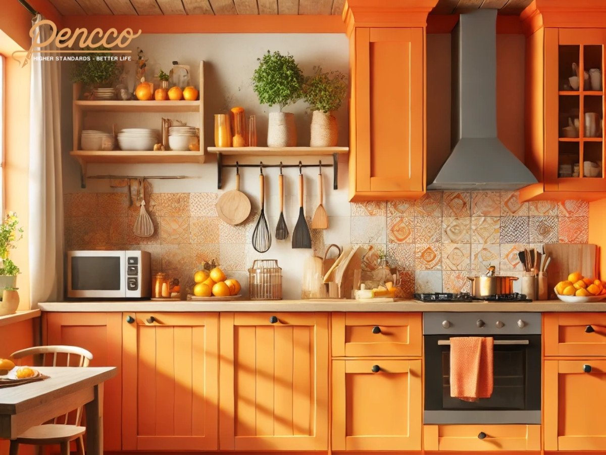 Nhà bếp hiện đại với tủ bếp màu cam tươi và chi tiết gỗ tự nhiên, không gian nấu nướng ấm cúng, giúp gia đình thêm gắn kết.