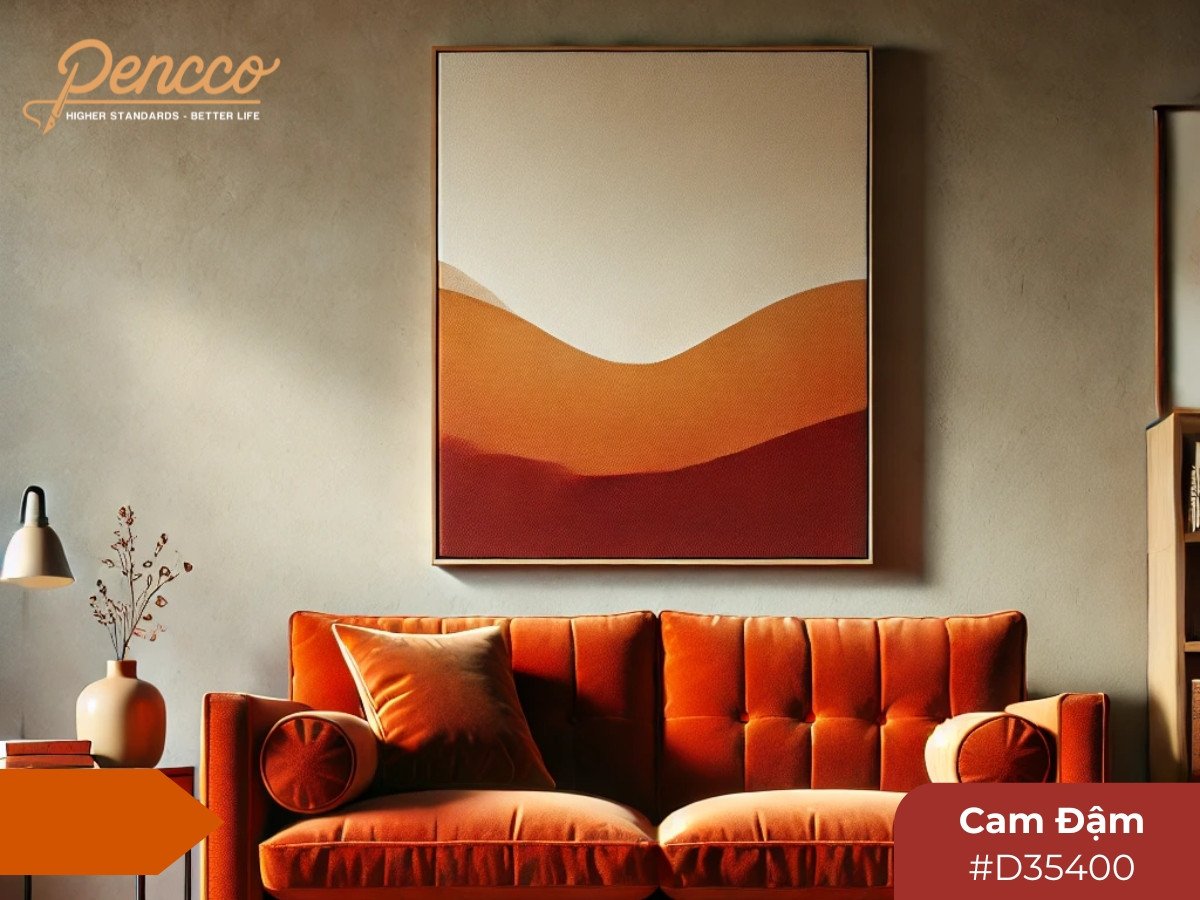 Phòng khách ấm áp với ghế sofa màu cam đậm sang trọng, mang lại cảm giác truyền thống và bền vững, hợp mệnh Thổ.