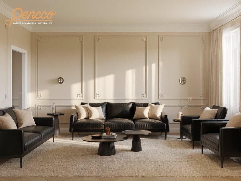 Phòng khách với tường sơn màu be nhạt kết hợp sofa màu đen, tạo không gian hiện đại và ấm cúng.