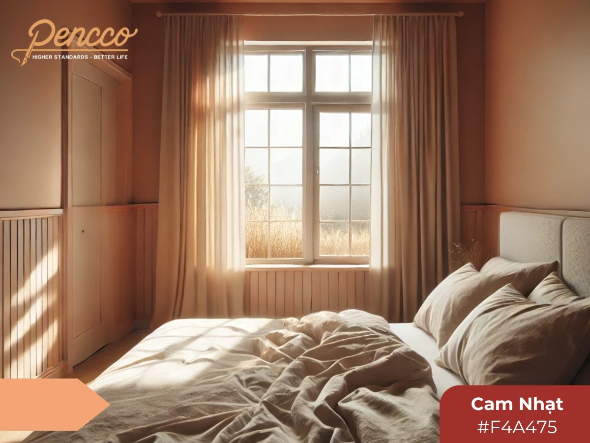 Phòng ngủ với bức tường màu cam nhạt dịu mát, đón ánh sáng tự nhiên, mang lại cảm giác yên bình và thư thái, hợp với người mệnh Thổ.