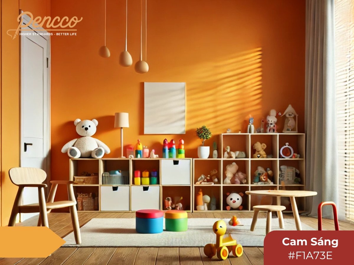 Phòng trẻ em vui nhộn với bức tường điểm nhấn màu cam sáng, kích thích sự hiếu động và tư duy sáng tạo.