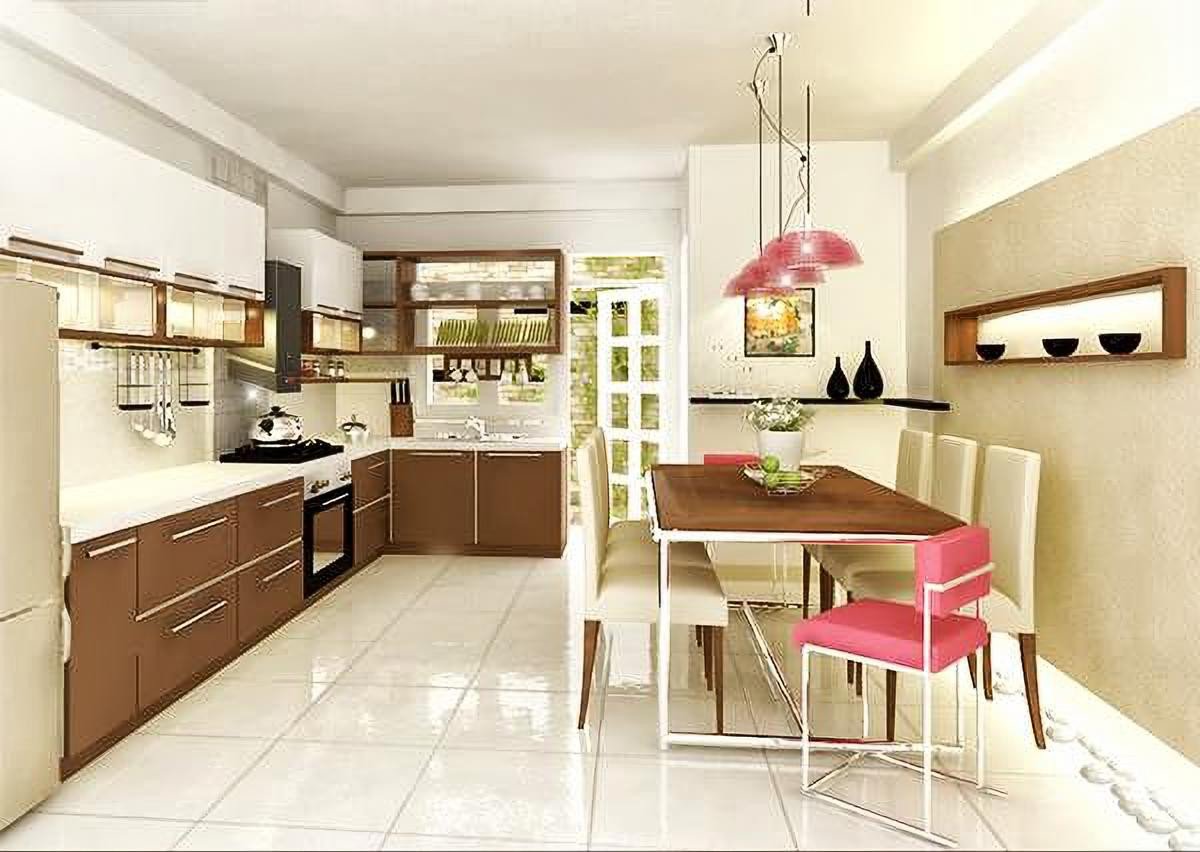 Thiết kế phòng bếp thanh lịch với tông màu kem chủ đạo, mang lại cảm giác sạch sẽ, thoáng đãng và thu hút may mắn, tài lộc cho gia đình Đinh Mùi.
