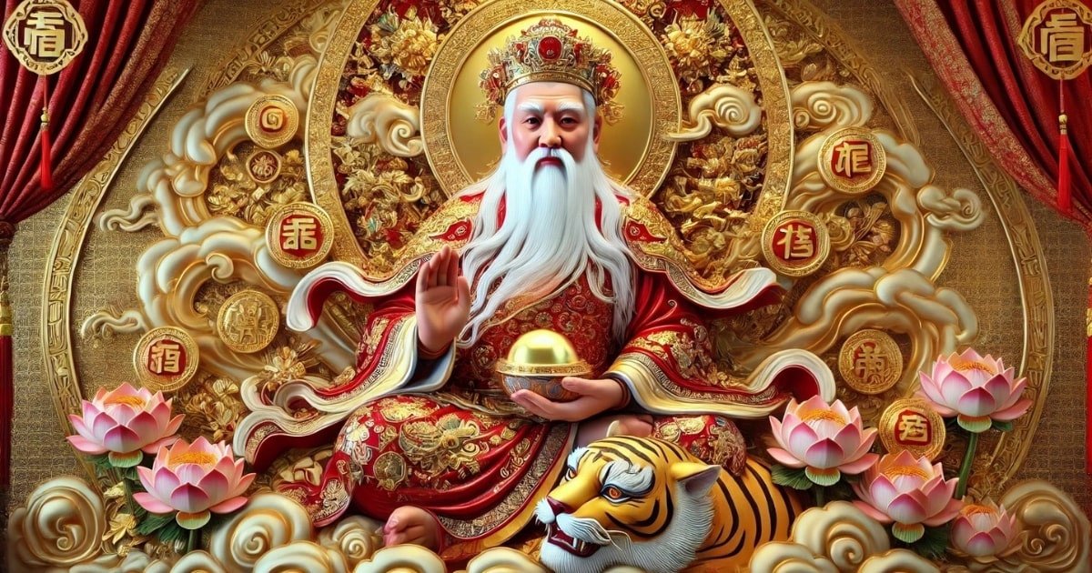 Tượng Thần Tài ngồi trên núi tiền vàng, biểu tượng may mắn và tài lộc
