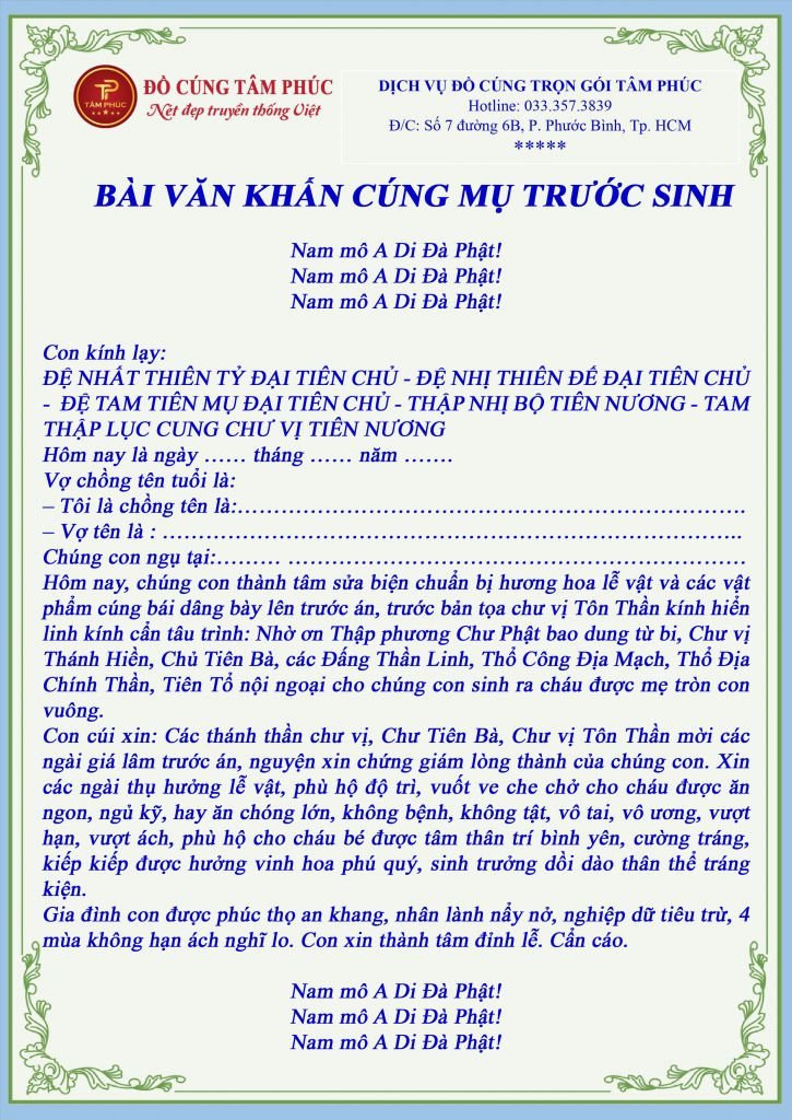 Bài văn khấn cúng Mụ trước sinh được in rõ ràng để thực hiện nghi lễ