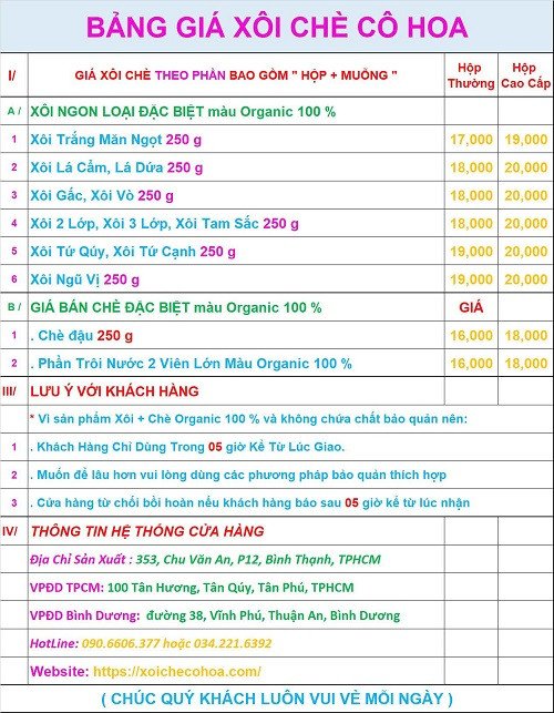 Bảng giá bán lẻ đồ cúng đầy tháng xôi chè