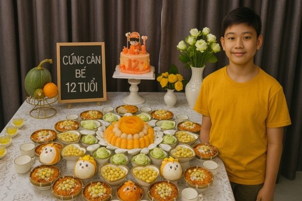 Các lễ vật chay thanh đạm được sắp xếp cẩn thận trên mâm cúng căn