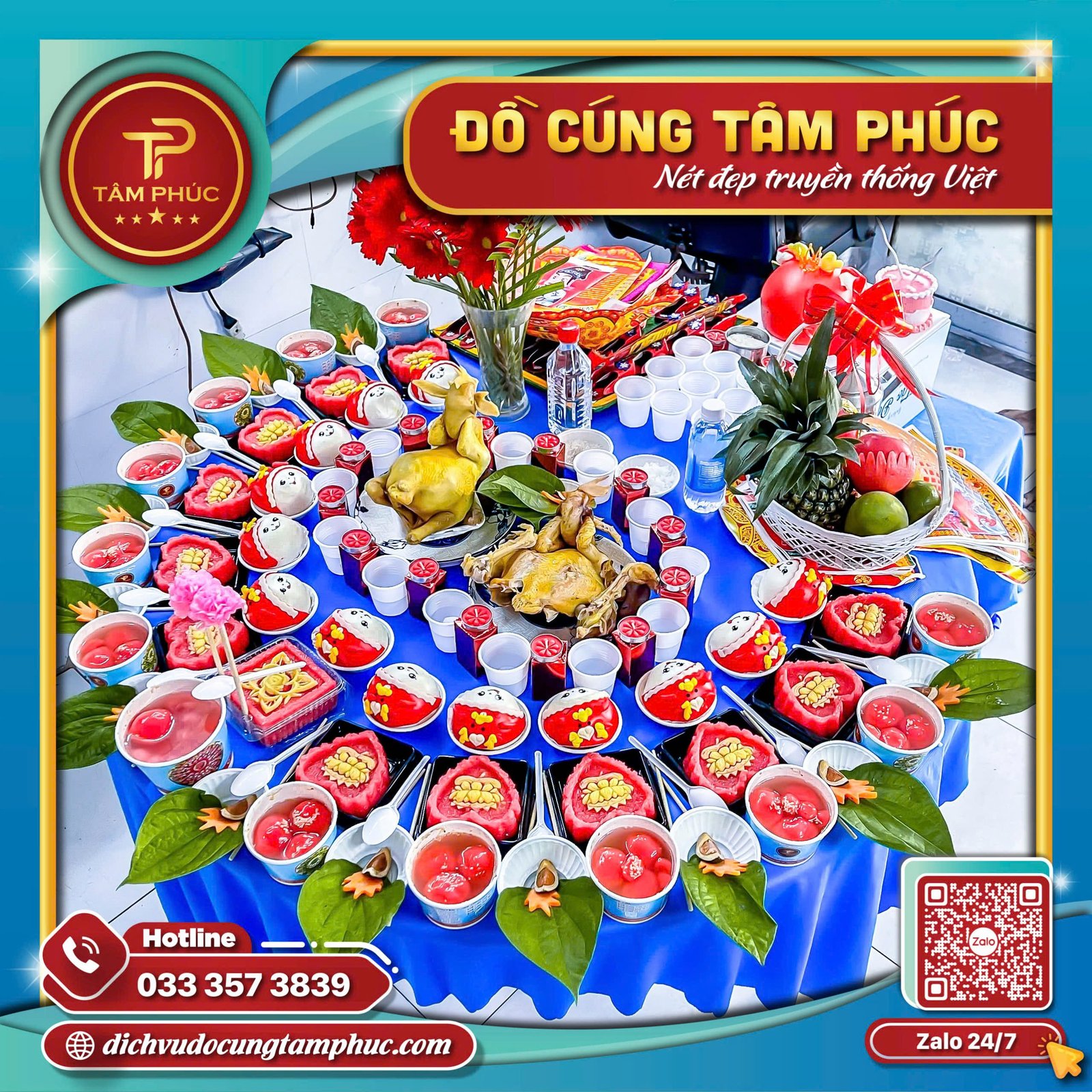 Các lễ vật trên mâm cúng Mụ được sắp xếp cân đối và đẹp mắt
