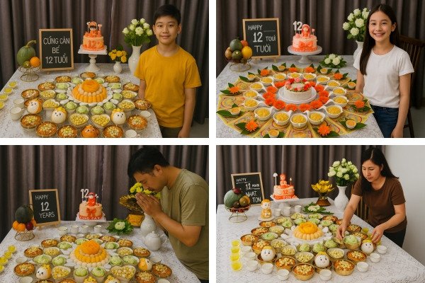 Hình ảnh mâm cúng căn với các lễ vật được bày biện trang trọng cho bé gái 12 tuổi