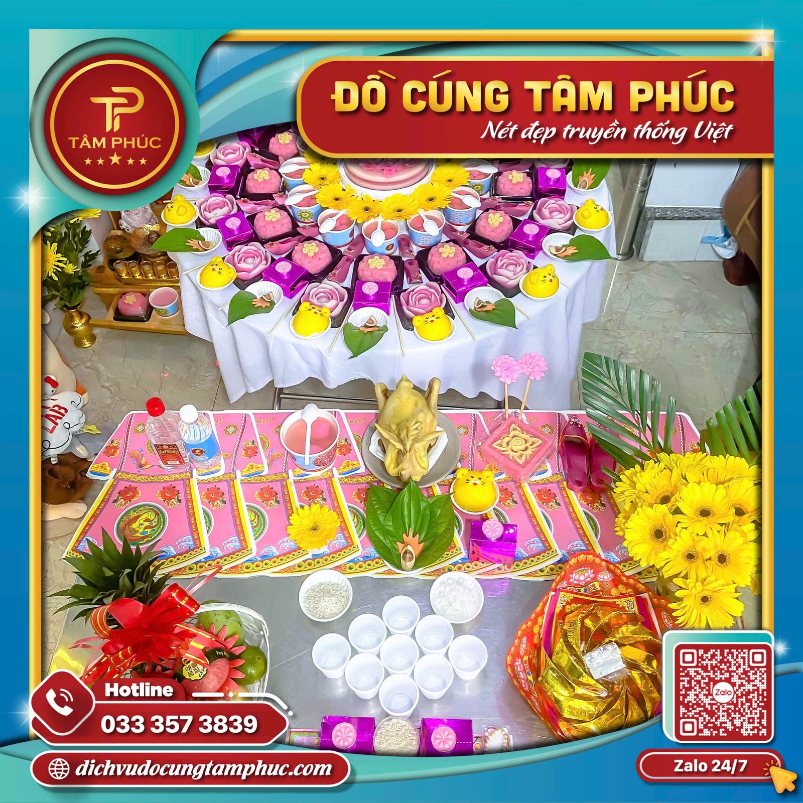 Hình ảnh một mâm cúng Mụ trước sinh được chuẩn bị tỉ mỉ với các lễ vật