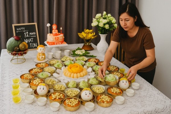 Mâm cúng được bài trí cân đối, thể hiện sự trang nghiêm của nghi lễ