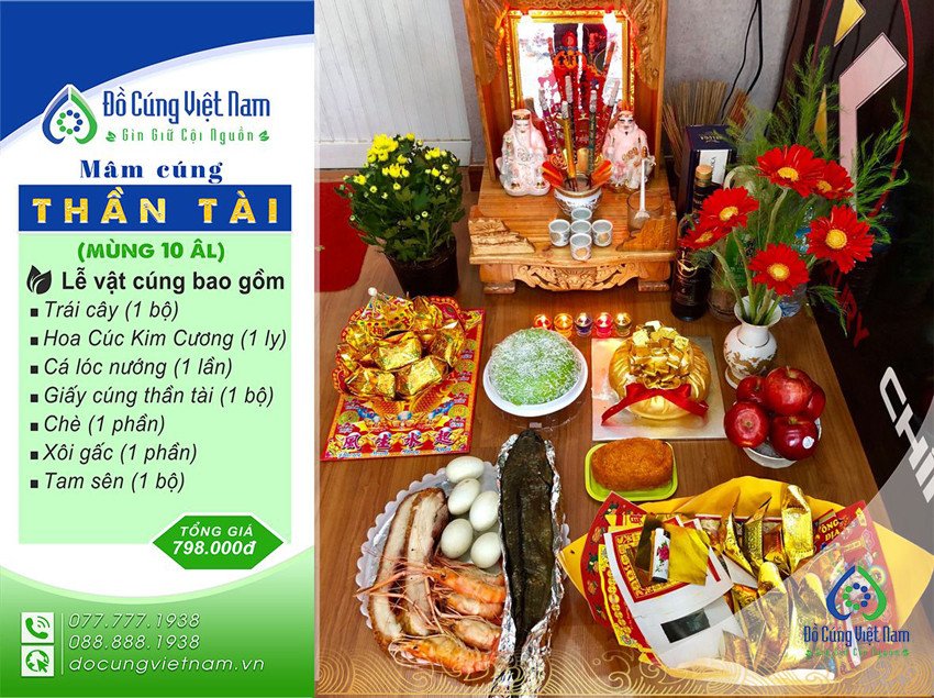 Mâm cúng Thần Tài Thổ Địa trang trọng đặt trên bàn thờ