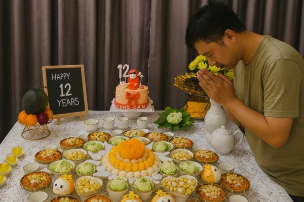 Một người lớn đang thành kính thực hiện nghi thức khấn vái trước mâm cúng căn