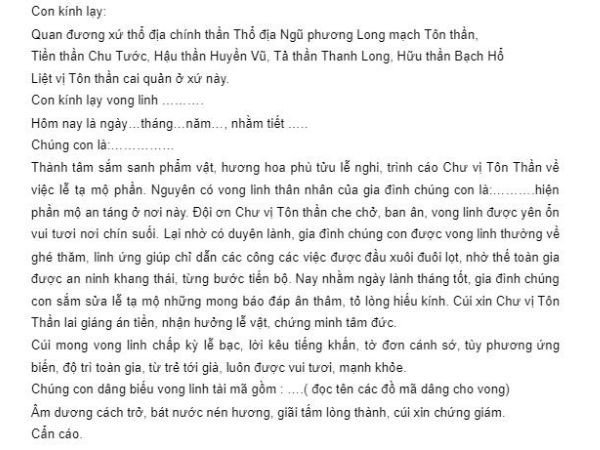 Văn khấn được chuẩn bị để đọc trong lễ cúng sửa mộ