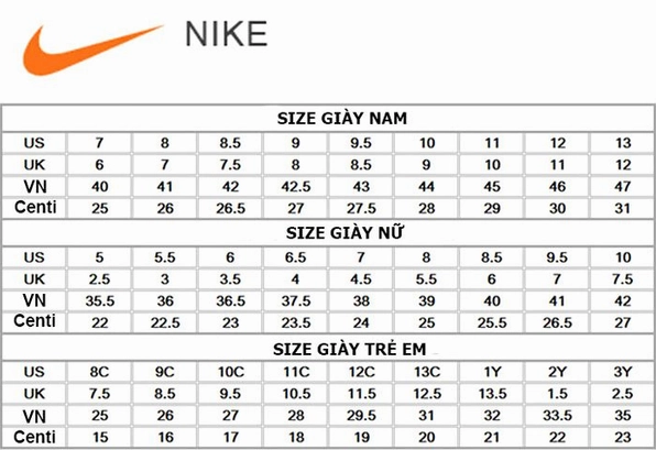 Bảng size giày US nữ chi tiết