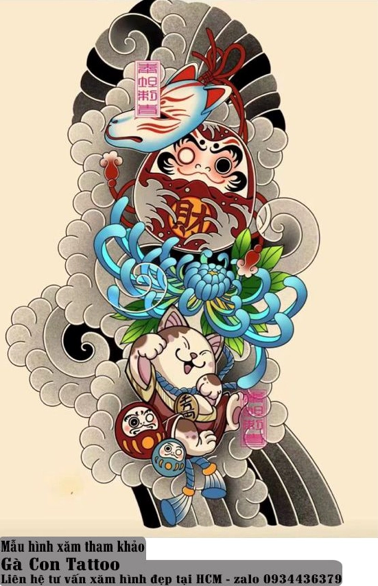 Hình xăm Daruma với các màu sắc khác nhau