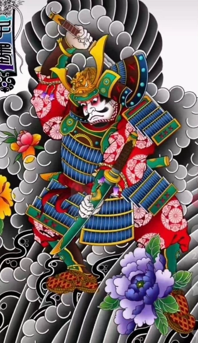 Hình xăm mặt nạ Hannya kết hợp với hoa văn Nhật Bản