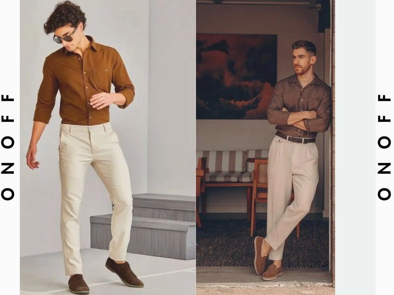 Phối quần nâu với áo thun xám nam tính