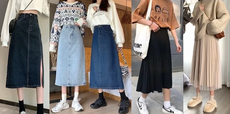 Phối váy dài qua gối với giày sneaker năng động