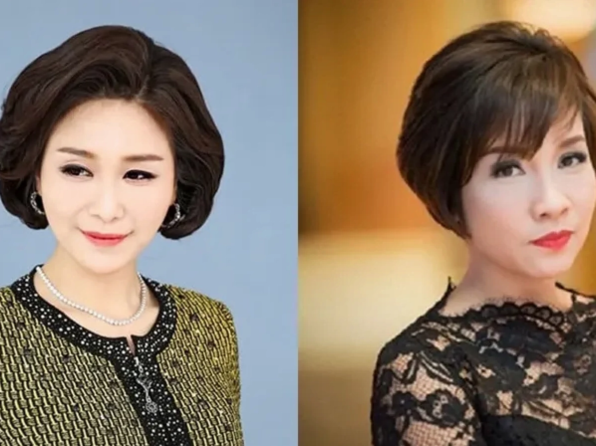 Phụ nữ trung niên trẻ trung với mái tóc ngắn uốn gợn sóng