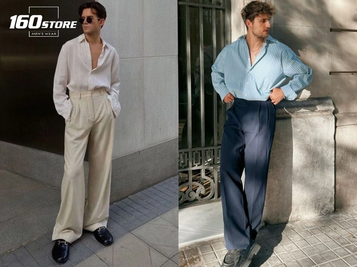 Set đồ quần tây ống loe nam kết hợp áo sơ mi và áo khoác ngoài, tạo phong cách ấn tượng
